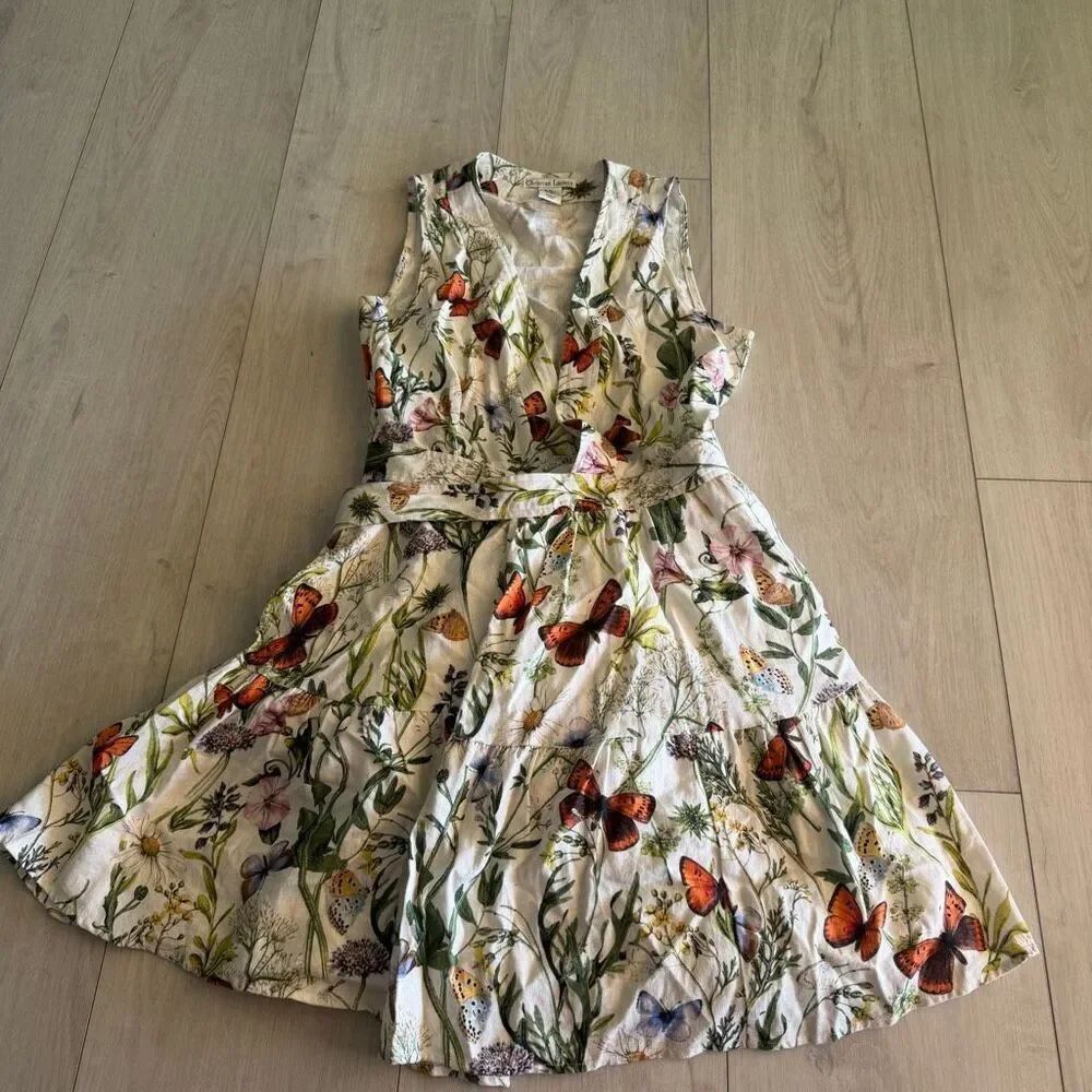 Christian Lacroix Linen Blend Mini Wrap Dress Butterfly Garden Floral size xs